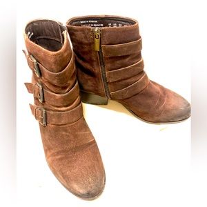 Clarks Elvina Haze brown suede chunky heel boots with triple buckle detail